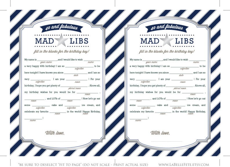 FORTY &amp; FABULOUS Mad Libs 40th Birthday BOY Game Nautical / - Etsy