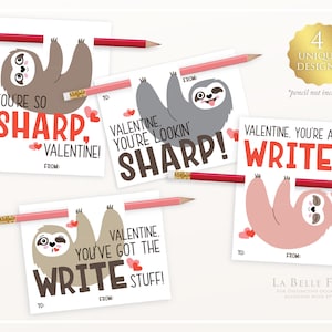 Faultier mit Bleistift non-candy Valentines DRUCKBARE Pdf-Datei You're All Write / Lookin ' Sharp / So Sharp Faultier Stifte 4 Designs