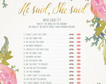 BRIDAL SHOWER GAME He Said She Said / Watercolor Floral design in pink and gold