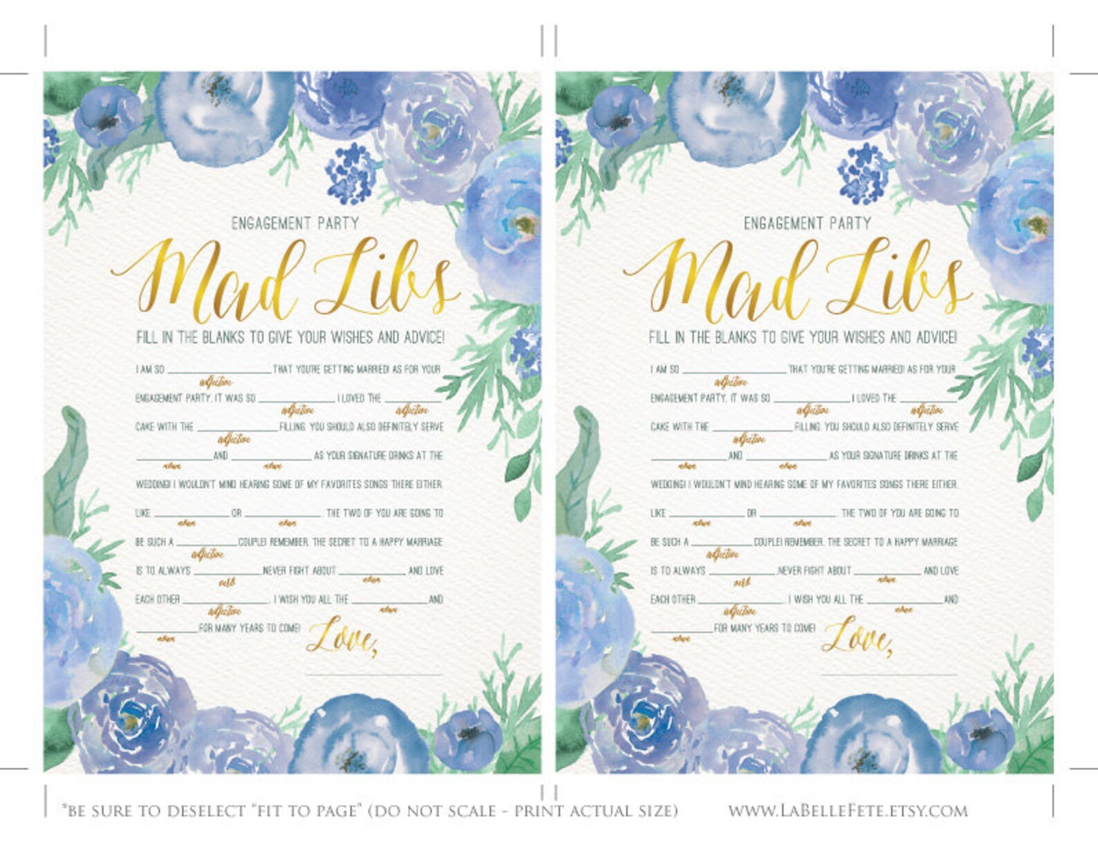 ENGAGEMENT PARTY GAME Mad Libs / Watercolor Floral Design in - Etsy
