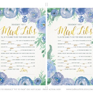 ENGAGEMENT PARTY GAME Mad Libs / Watercolor Floral Design in Blue and ...