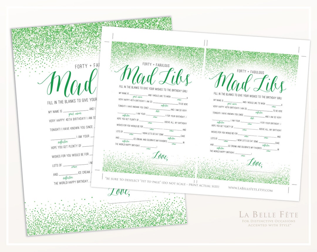 FORTY &amp; FABULOUS Mad Libs 40th Birthday Game / Green Glitter Design ...