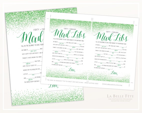 FORTY &amp; FABULOUS Mad Libs 40th Birthday Game / Green Glitter | Etsy