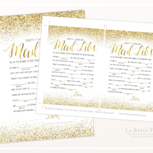 EIGHTY & FABULOUS Mad Libs 80th Birthday Game / Gold glitter design printable DIY, 80 and Fabulous party