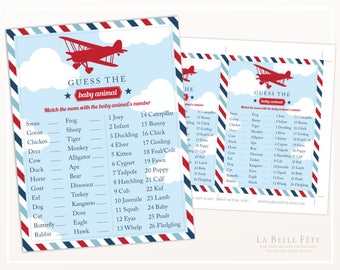 Guess the Baby Animal BABY SHOWER GAME Time Flies printable with red biplane airplane and navy blue stripes diy boy