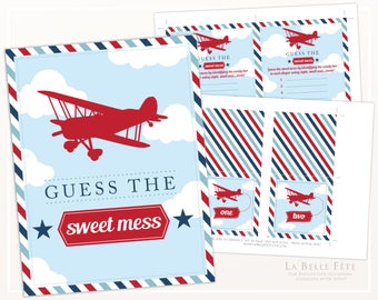 Guess the Sweet Mess BABY SHOWER GAME Time Flies dirty diaper activity printable with red biplane airplane and navy blue stripes diy boy