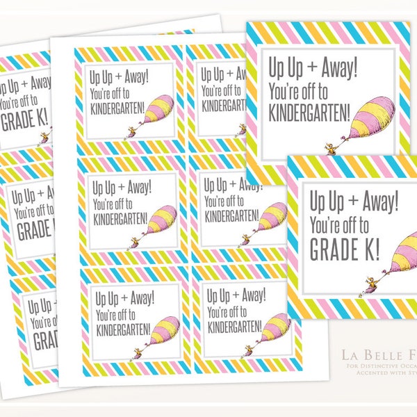 Up Up + Away You're off to Kindergarten! Grade K! GIFT / FAVOR TAGS / Centerpiece picks, goody bag tags, diy printable