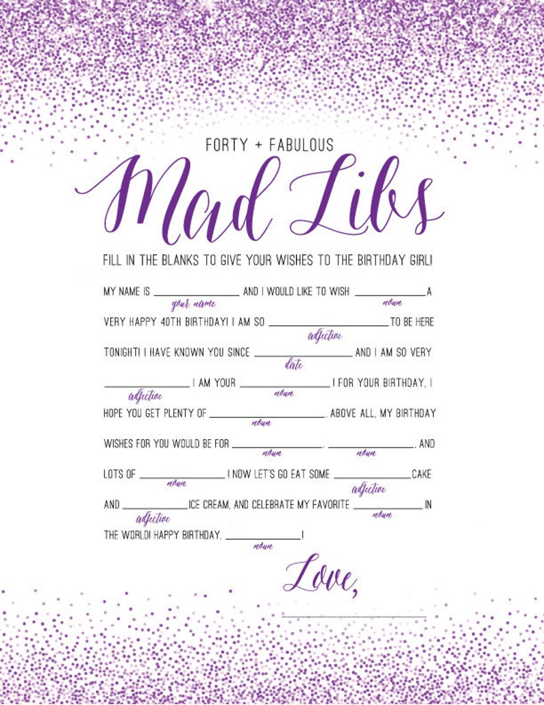 FORTY &amp; FABULOUS Mad Libs 40th Birthday Game / Purple Lavender | Etsy