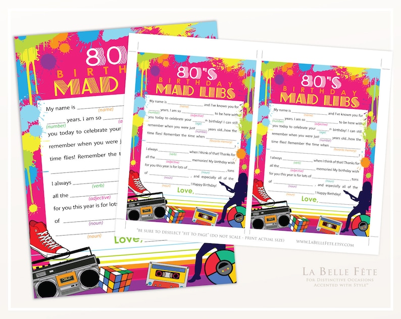 80's BIRTHDAY PARTY Mad Libs Game / Printable DIY Party - Etsy