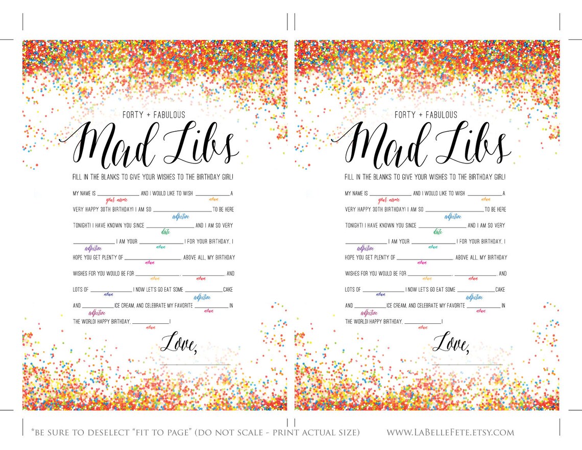 FORTY &amp; FABULOUS Mad Libs 40th Birthday Game / Rainbow | Etsy