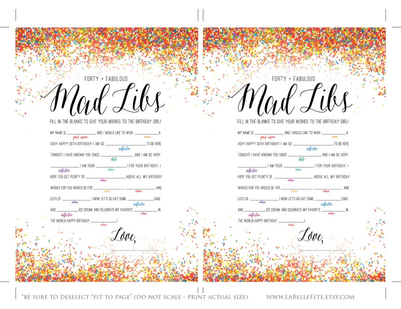 FORTY &amp; FABULOUS Mad Libs 40th Birthday Game / Rainbow | Etsy