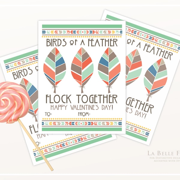 BIRDS of a FEATHER Flock Together Valentines in coral, pink, mint, aqua, navy and gray with DIY printable option