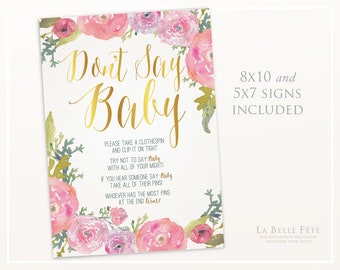 Watercolor Floral DON'T SAY BABY shower clothes pin stealing game, Printable diy in blush and gold