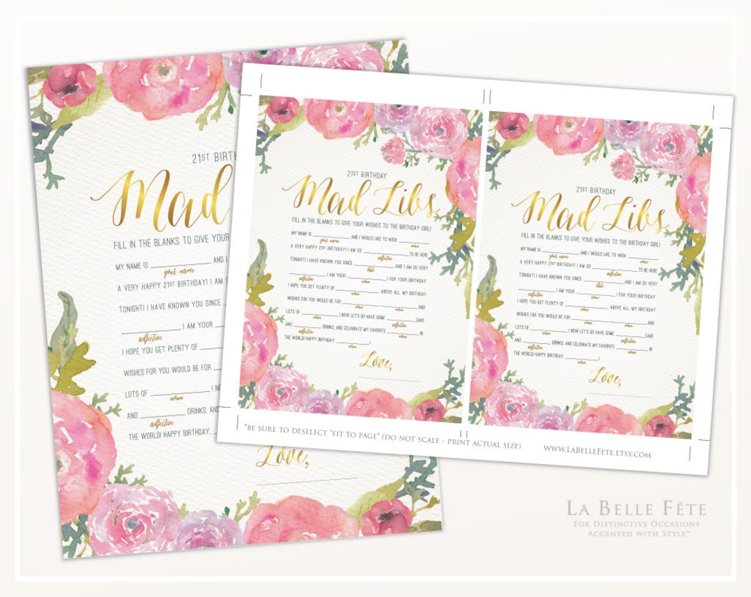 21st BIRTHDAY PARTY Mad Libs Game / 21 Watercolor Floral Printable ...