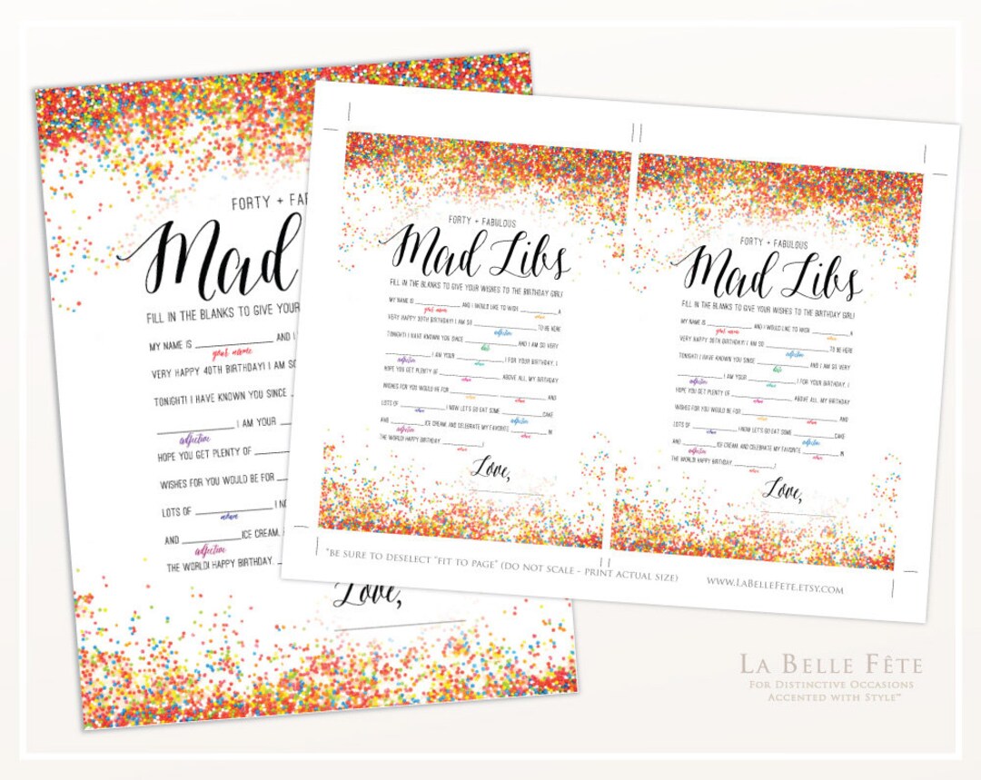 FORTY &amp; FABULOUS Mad Libs 40th Birthday Game / Rainbow Sprinkles Design ...