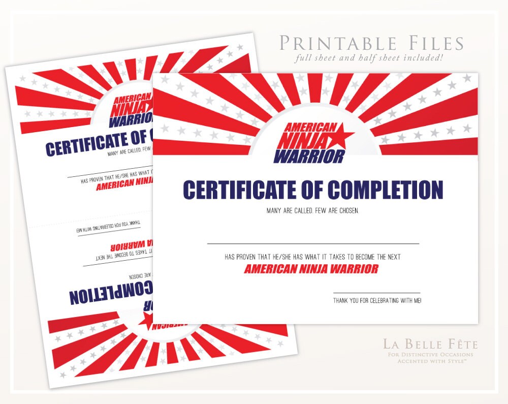 AMERICAN NINJA WARRIOR Certificate of Completion diy printable