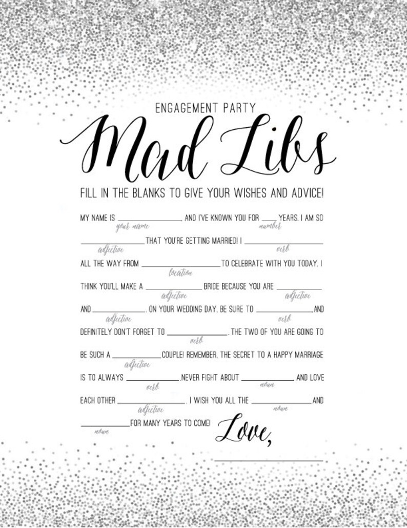 ENGAGEMENT PARTY GAME Mad Libs Game in Silver Glitter / | Etsy