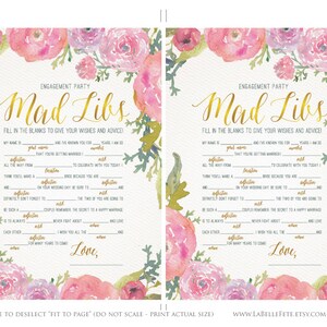 ENGAGEMENT PARTY GAME Mad Libs / Watercolor Floral Design in Pink and ...