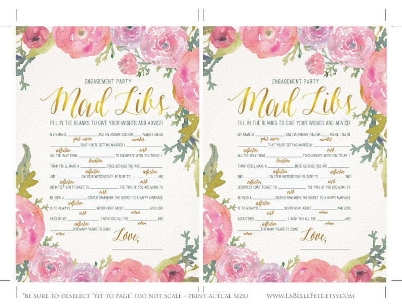 ENGAGEMENT PARTY GAME Mad Libs / Watercolor Floral Design in - Etsy