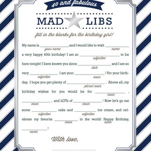 FORTY &amp; FABULOUS Mad Libs 40th Birthday Girl Game - Nautical ...