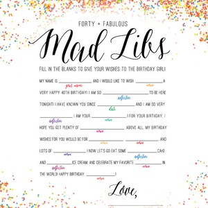 FORTY &amp; FABULOUS Mad Libs 40th Birthday Game / Rainbow Sprinkles Design ...