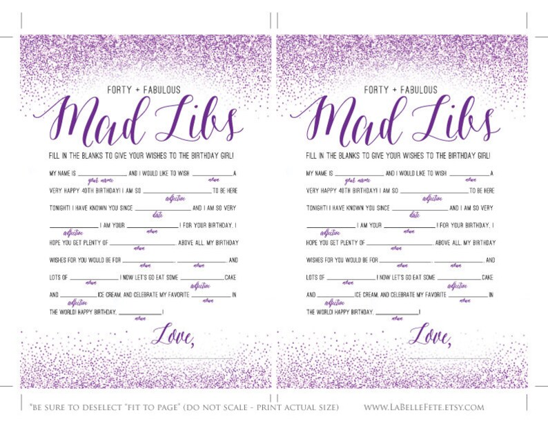 FORTY &amp; FABULOUS Mad Libs 40th Birthday Game / Purple Lavender | Etsy