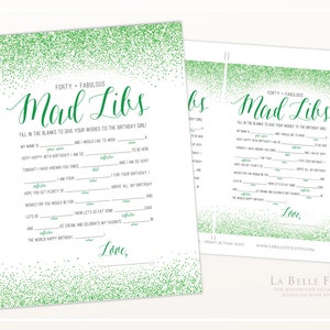 FORTY &amp; FABULOUS Mad Libs 40th Birthday Game / Green Glitter Design ...