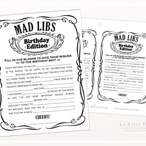 TENNESSEE WHISKEY Theme Birthday Party Mad Libs Game / with black and white masculine design