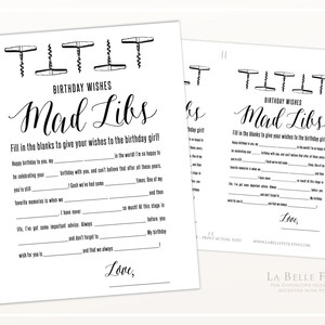WINE TASTING Party Birthday Wishes Mad Libs Game / with black and white corkscrew design