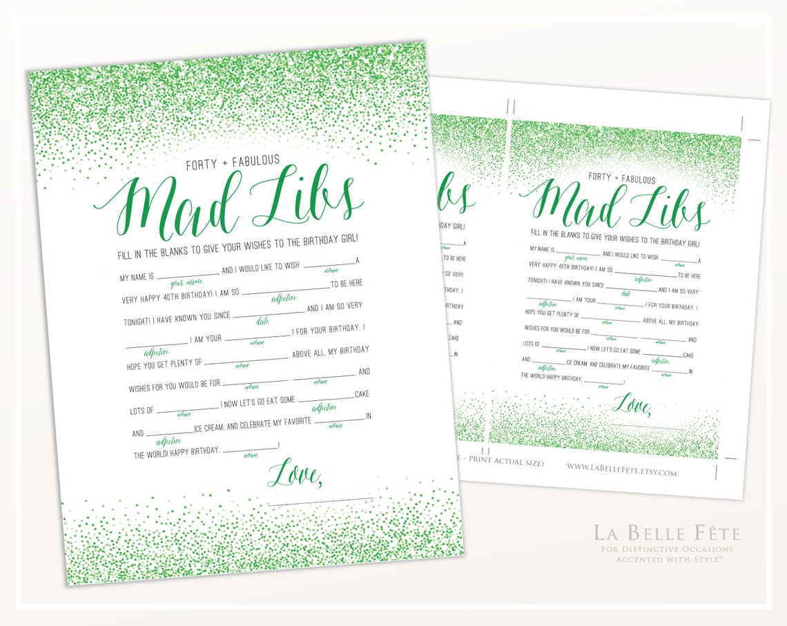 FORTY &amp; FABULOUS Mad Libs 40th Birthday Game / Green Glitter | Etsy