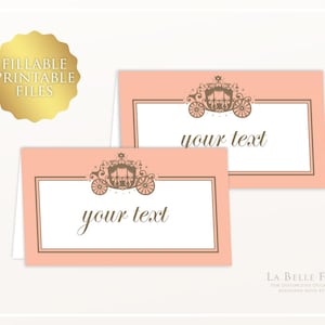 Etiquetas de alimentos / cartões de lugar ROYAL BALL para impressão com arquivos pdf e Word preenchíveis (Cinderela / carruagem / rosa / princesa)
