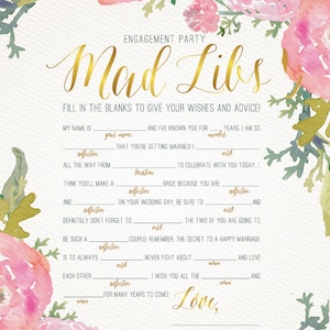ENGAGEMENT PARTY GAME Mad Libs / Watercolor Floral design in pink and gold