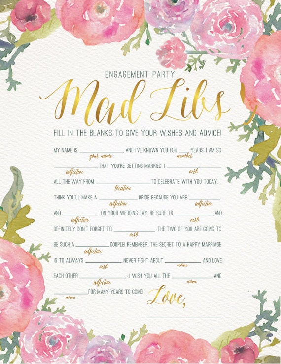 ENGAGEMENT PARTY GAME Mad Libs / Watercolor Floral design in | Etsy