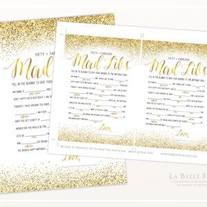FIFTY & FABULOUS Mad Libs 50th Birthday Game / Gold glitter design printable DIY, 50 and Fabulous party