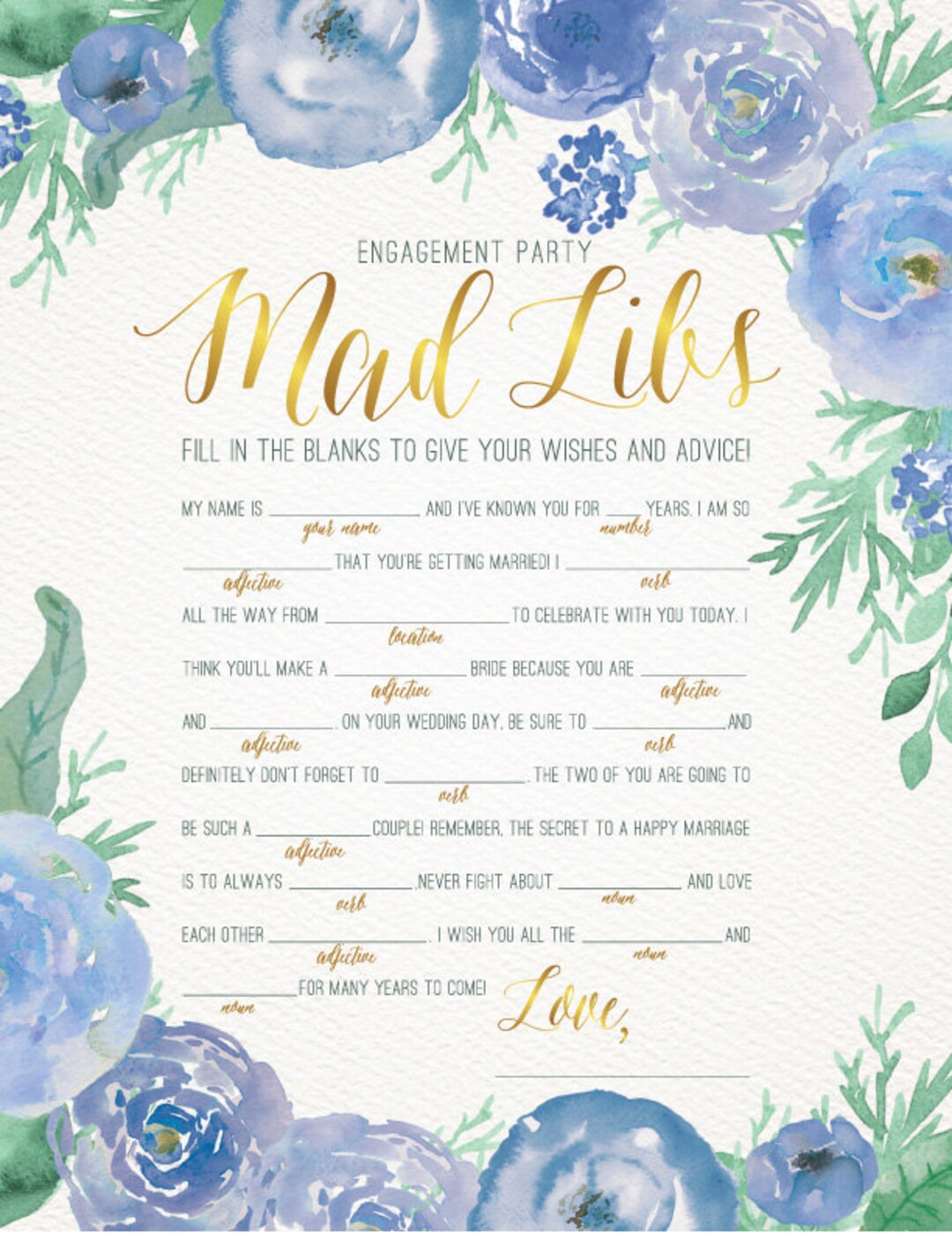 ENGAGEMENT PARTY GAME Mad Libs / Watercolor Floral Design in Blue and ...