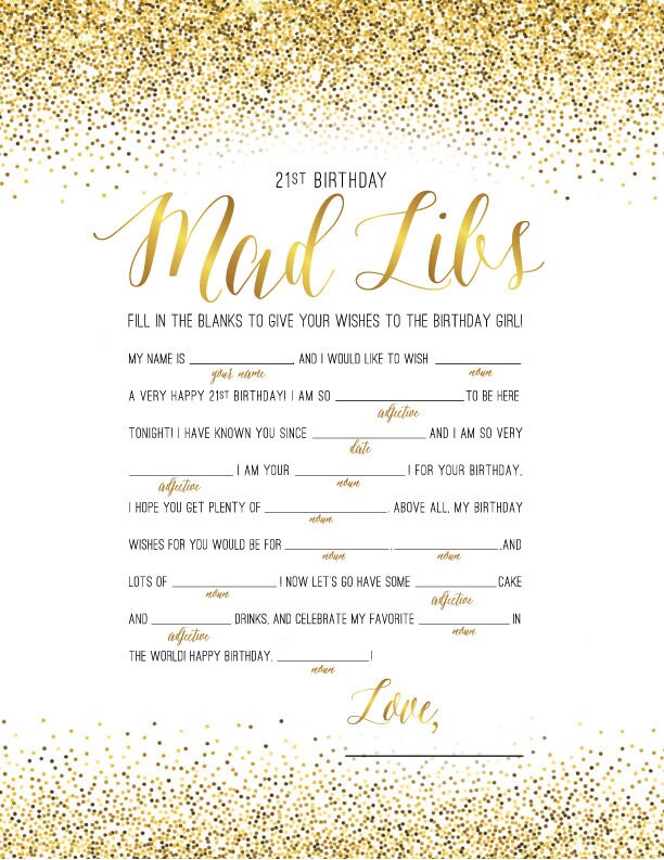 21st BIRTHDAY PARTY Mad Libs Game / 21 Gold Glitter Sparkle | Etsy