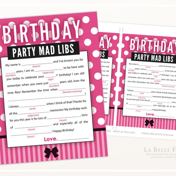 BIRTHDAY Party Mad Libs Game in Victoria's Secret VS PINK - inspired theme / printable diy party game hot pink and black stripes polka dots