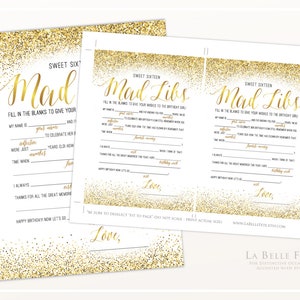 SWEET SIXTEEN Mad Libs 16th Birthday Game / Gold glitter design printable diy, Sweet 16 and Fabulous party