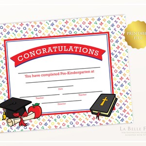 CONGRATULATIONS Preschool Pre-Kindergarten printable Graduation Certificate primary rainbow colors alphabet graduate cap diploma apple Bible