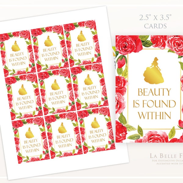 BE OUR GUEST / Beauty is Found Within Printable cards, diy with red roses and gold text, Belle silhouette