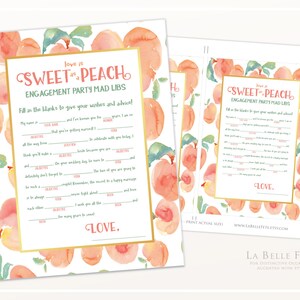 JUEGO DE FIESTA DE COMPROMISO Juego Mad Libs Love is Sweet como un tema melocotón melocotón