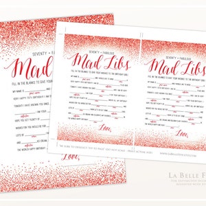 SEVENTY &amp; FABULOUS Mad Libs 70th Birthday Game / Red Glitter Design ...