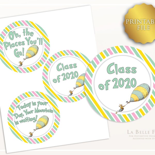 Oh the Places You'll Go Class of 2020 Round GIFT / FAVOR TAGS / Centerpiece picks, goody bag tags, diy printable
