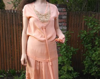 1920s peach silk + lace dress with a tie + waist tie + pin tucks // small or medium