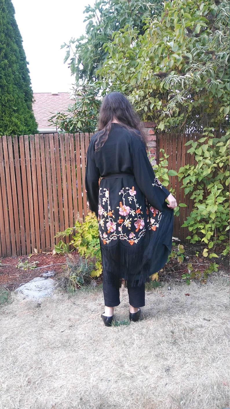 1920s embroidered black rayon robe with fringe osfm