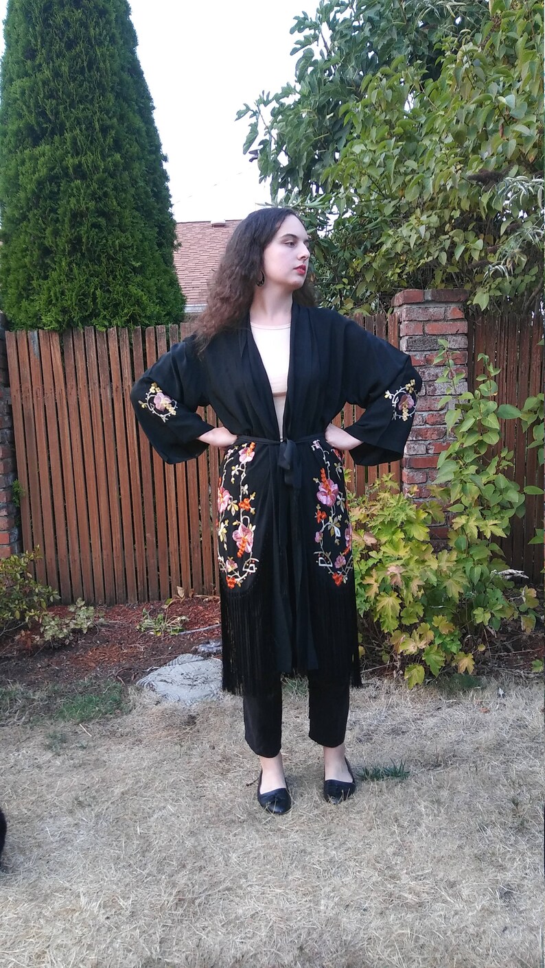 1920s embroidered black rayon robe with fringe osfm