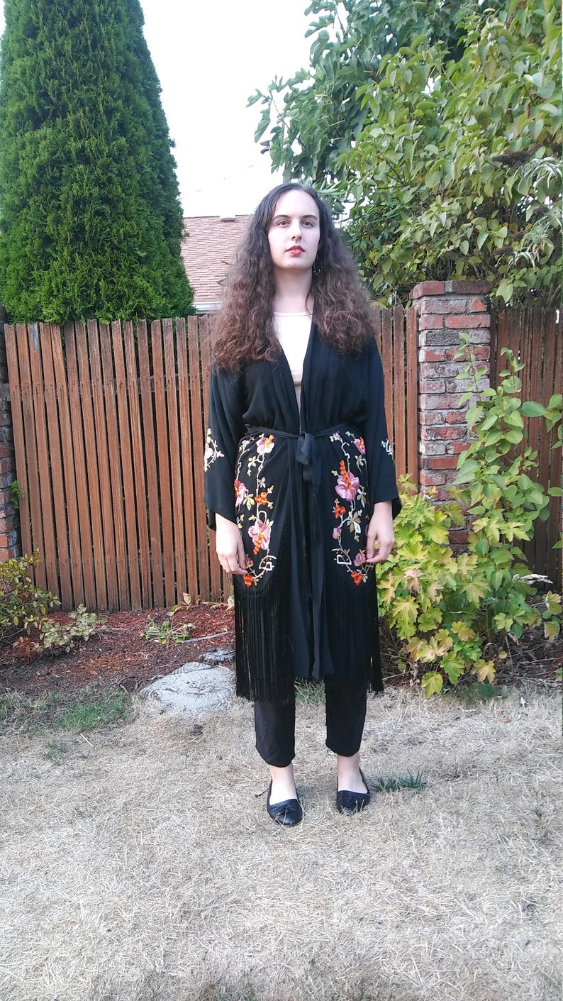 1920s embroidered black rayon robe with fringe osfm