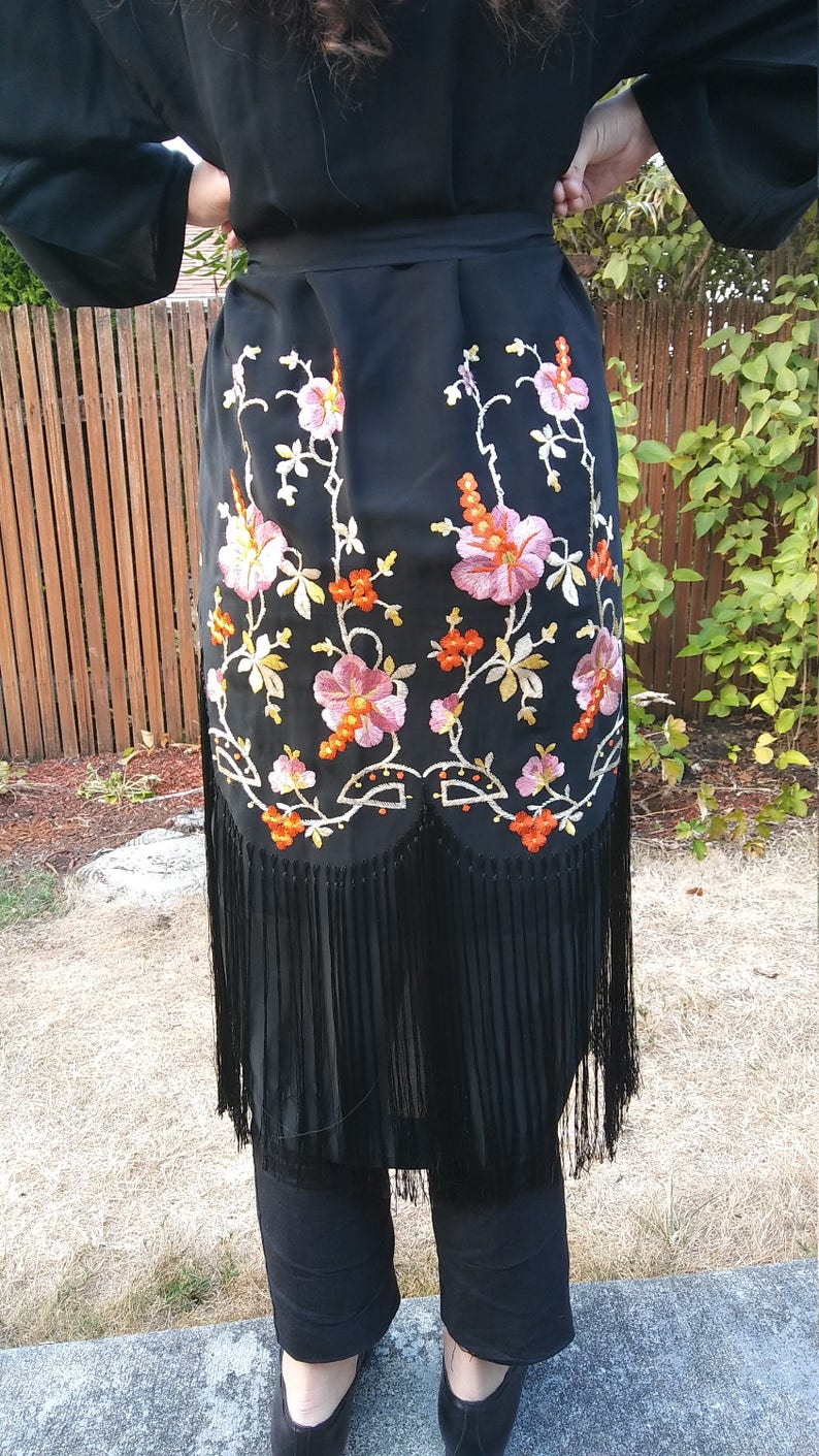 1920s embroidered black rayon robe with fringe osfm