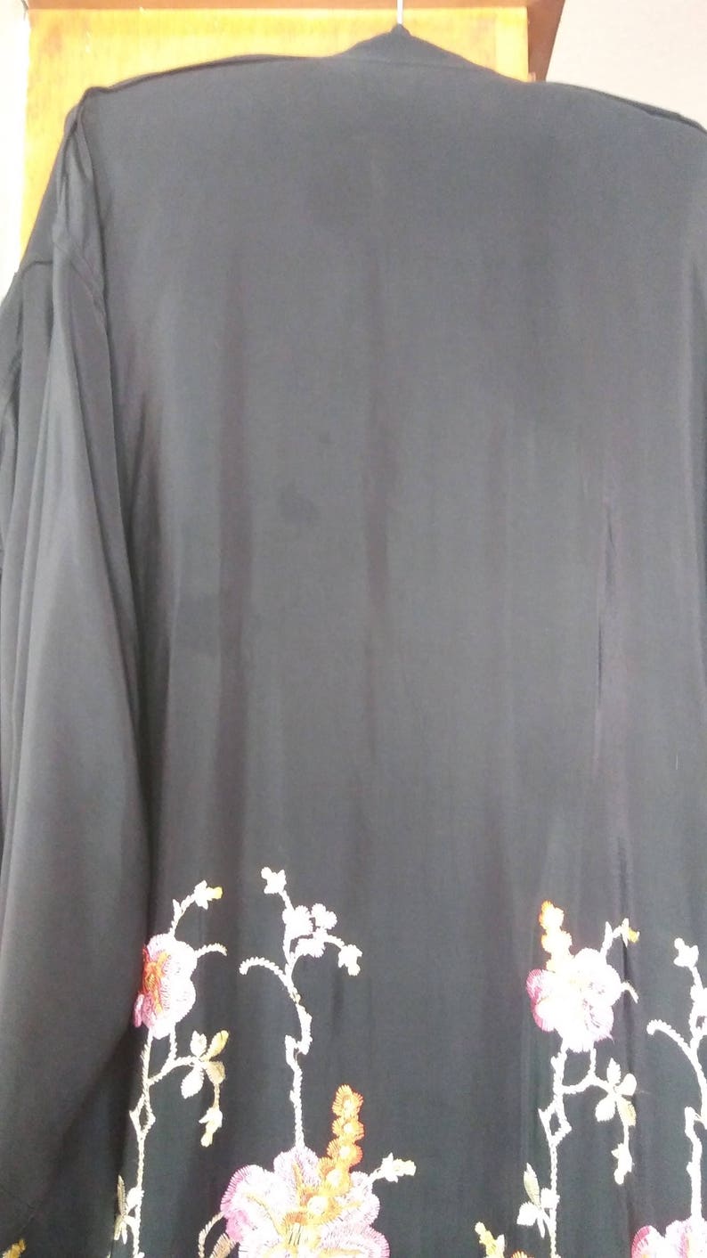 1920s embroidered black rayon robe with fringe osfm