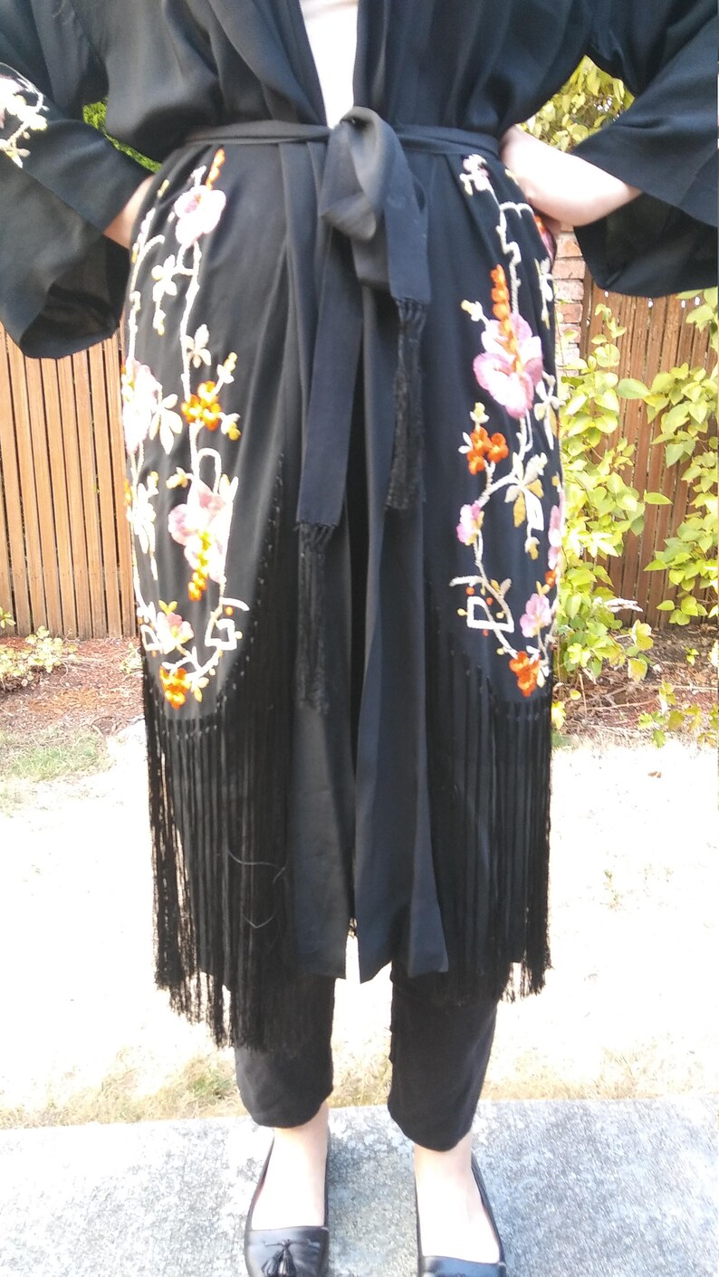 1920s embroidered black rayon robe with fringe osfm
